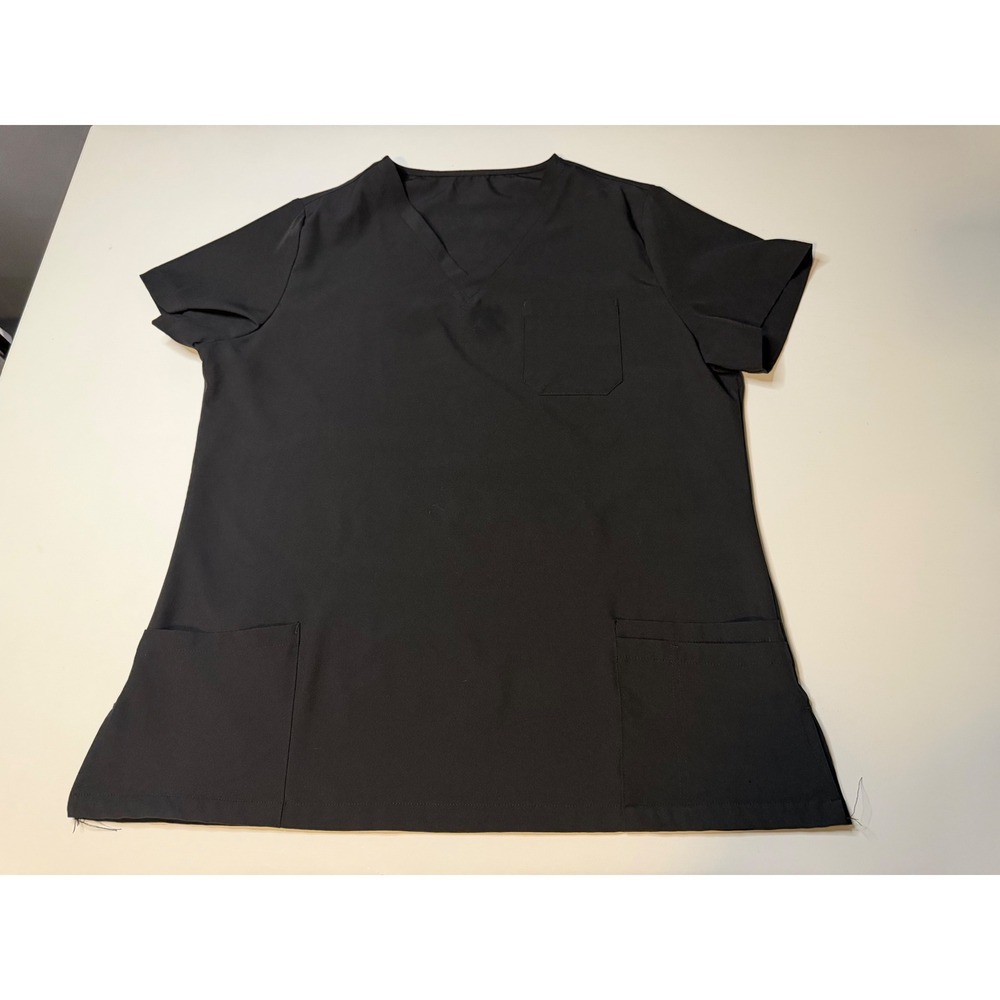 Black V-Neck Medical Scrub Top Short Sleeve 3-Pocket Stretch XL